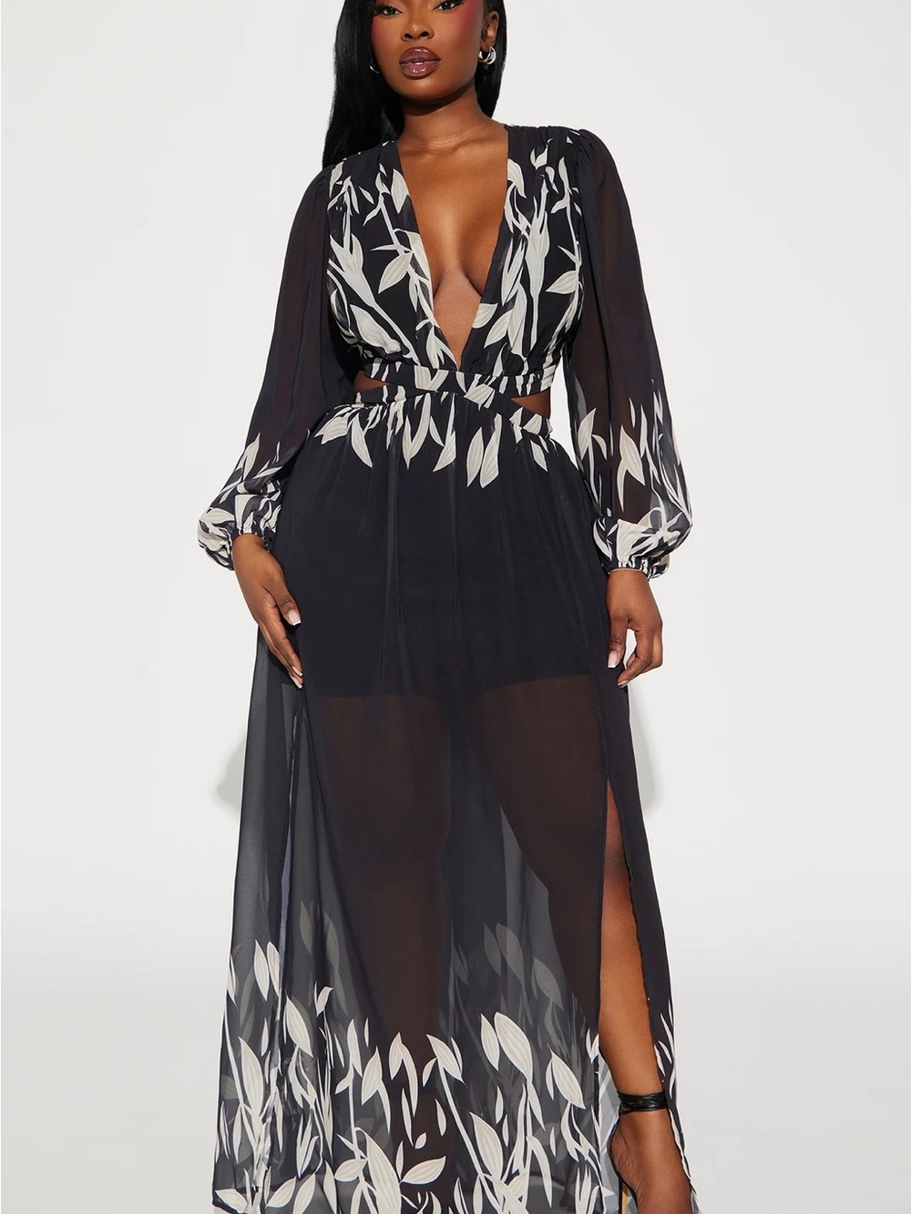 Fashion Nova Black Sheer Maxi Dress with Cream Leaf Print - Picture 10 of 12